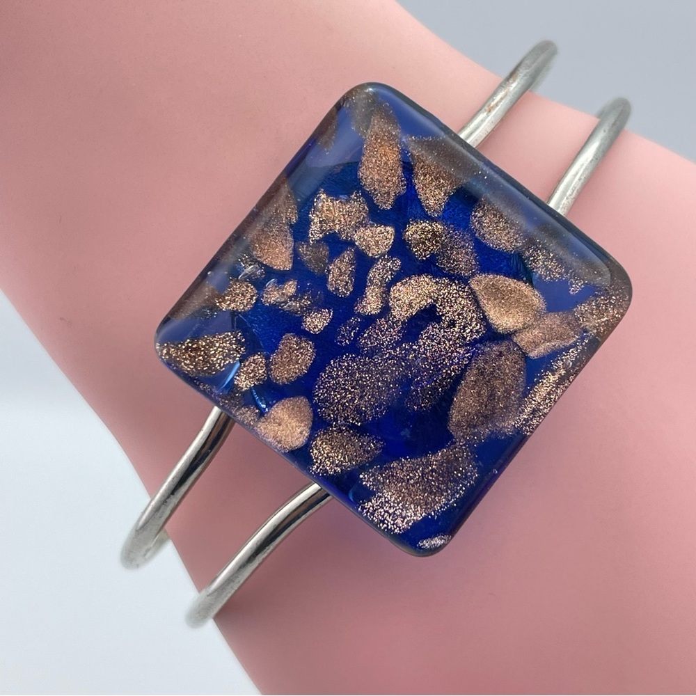 Bold and Artistic Blue & Gold Artisan Glass Statement Cuff Bracelet